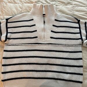 Faherty White Knit Half-Zip Sweater with Dark Navy Stripes